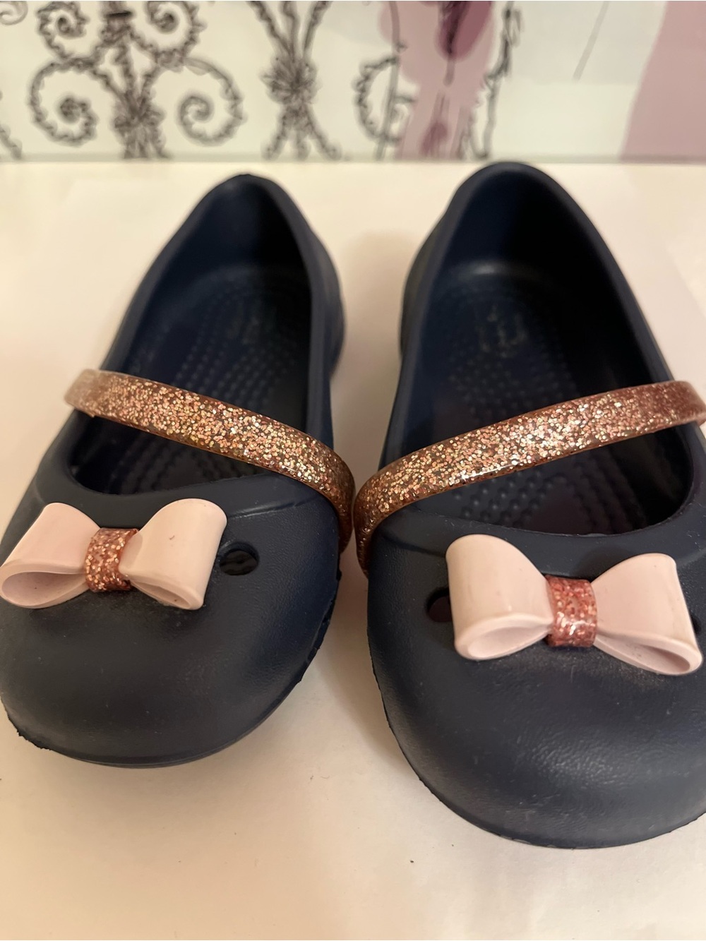 CROCS Navy Kids Mary Jane Flats with Rose Gold Glitter Strap and Light Pink Bow - Picture 2 of 6
